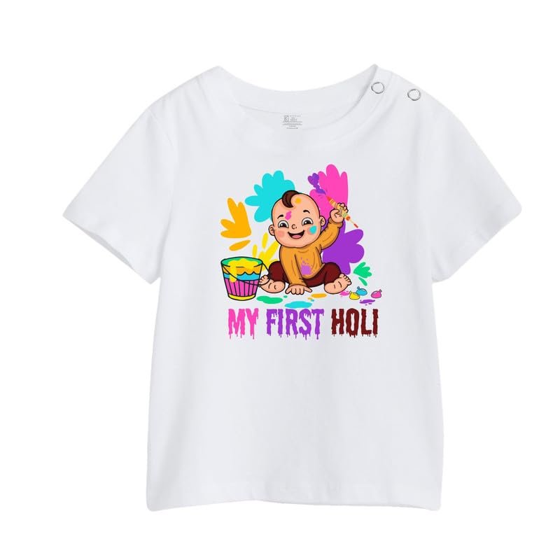 KARMIKH Baby Boys Cotton My First Holi T-Shirt – Unisex Infant Half Sleeve Round Neck Tee – Festive Tee for Baby Boy or Girl – Holi Tee for Kids