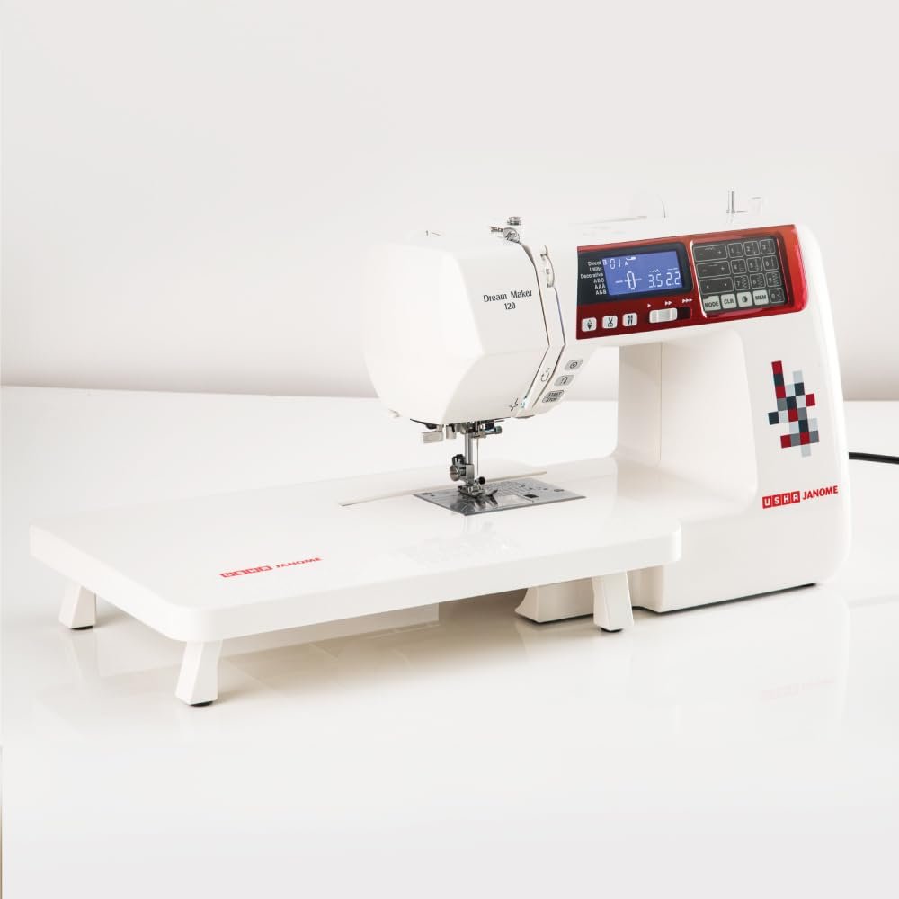 Usha Janome Dream Maker 120 Automatic Zig-Zag Computerized Sewing Machine || 120 Built-In-Stitches(White) With complementary Sewing Lessons in Nine languages