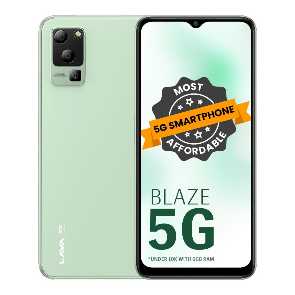 Lava Blaze 5G (Glass Green, 6GB RAM, UFS 2.2 128GB Storage)| Segment’s Most Affordable 5G Smartphone| Ultrafast Mediatek D700 | 50MP AI Triple Camera | 5000 mAh | 6.5″ HD+ 90 Hz Display | Clean UI