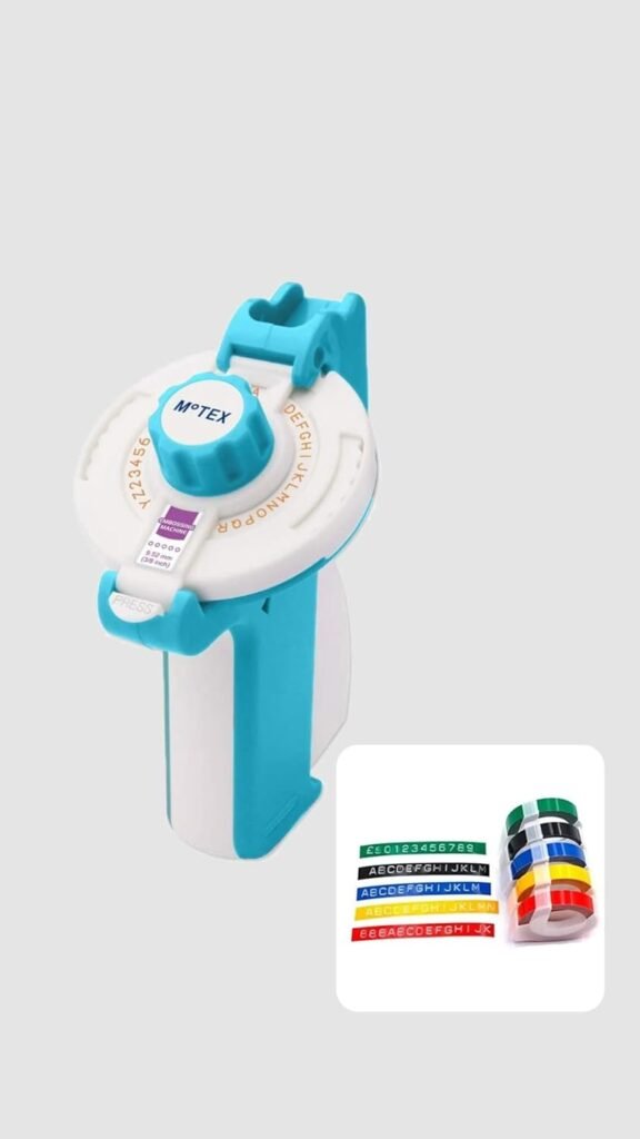 Motex E-202 Tape Writer (Label Maker – Mint Colour) with 5 Basic Colour Tapes (Black, Blue, Green, Red & Yellow) – Made in Korea