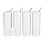 PYD Life Skinny 20 OZ Straight Stainless Steel White Tumbler with Metal Straw for Heat Press Machine Printing 4 Pack