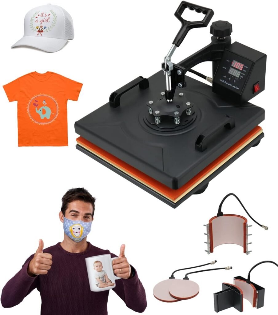 Heat Press Machines, 15×15 Inch, Heat Press Pro 5 in 1 Swing Away T-Shirt Sublimation Transfer Printer Digital Control, Mug, Cap, Plate Accessories Included, Black