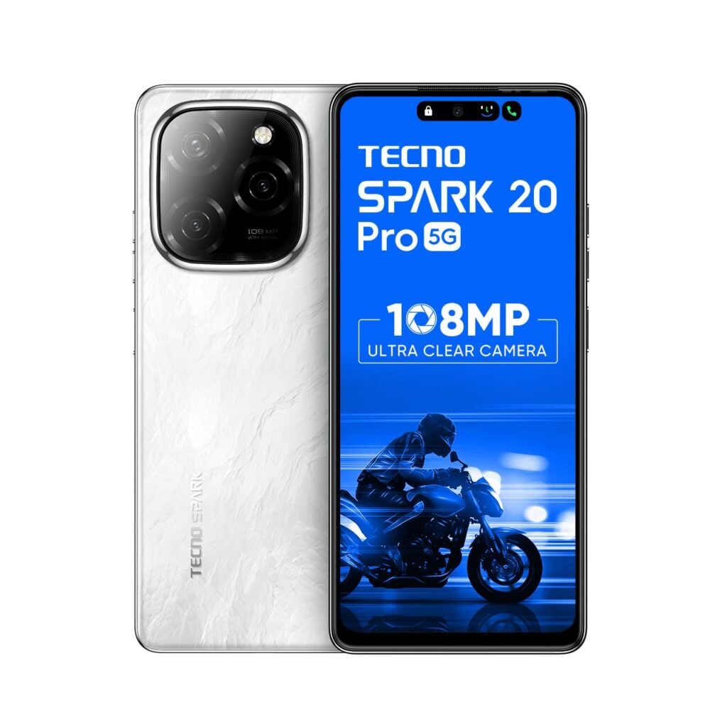 TECNO Spark 20 PRO 5G (Glossy White, 8GB+256GB)| 108MP Ultra Clear Imaging | Super Ellipse Design | MTK D6080 5G Processor | 6.78″ 120Hz LTPS LCD Display | 5000mAh Battery with 33W Charger