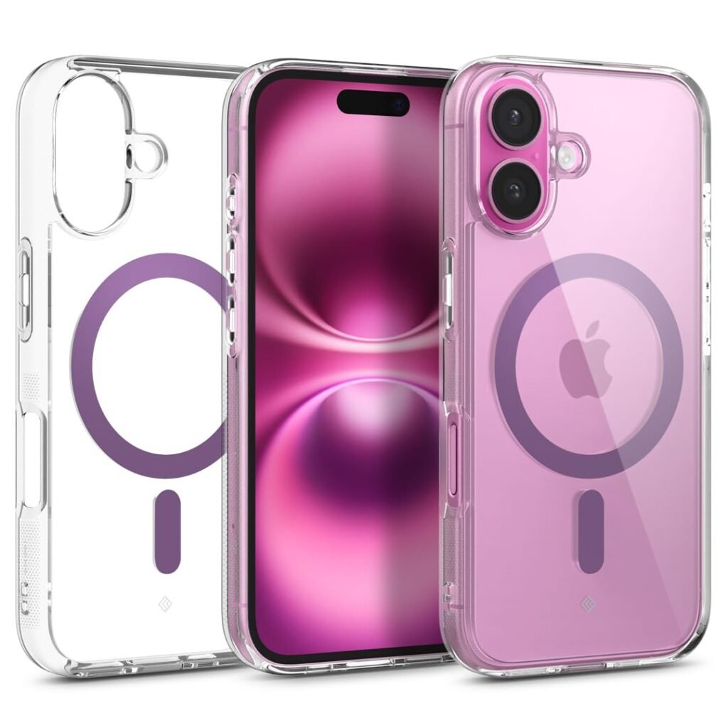 CASEOLOGY by Spigen Capella Mag for iPhone 16 Case [Ultra Clear] Magnetic Military Grade Drop Protection Side Grip Patterns Back Cover Case for iPhone 16 (TPU and PC | Clear Purple)