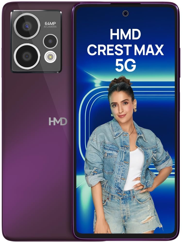 HMD Crest Max 5G | Segment 1st 50 MP Front Cam | Triple Rear AI Cam with 64 MP Primary Sony Sensor | FHD+ OLED Display | 8 GB RAM & 256 GB Storage | Android 14 | 33W Fast Charger in Box | Deep Purple