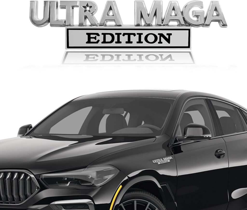 Ultra MAGA Edition Fender Badge Decal, 3D Zinc Alloy Vehicle Body Tail Decor Badge with Strong Adhesive, Auto Body Exterior Decor Embossed Sticker for Most Car Models(Silver & Black)