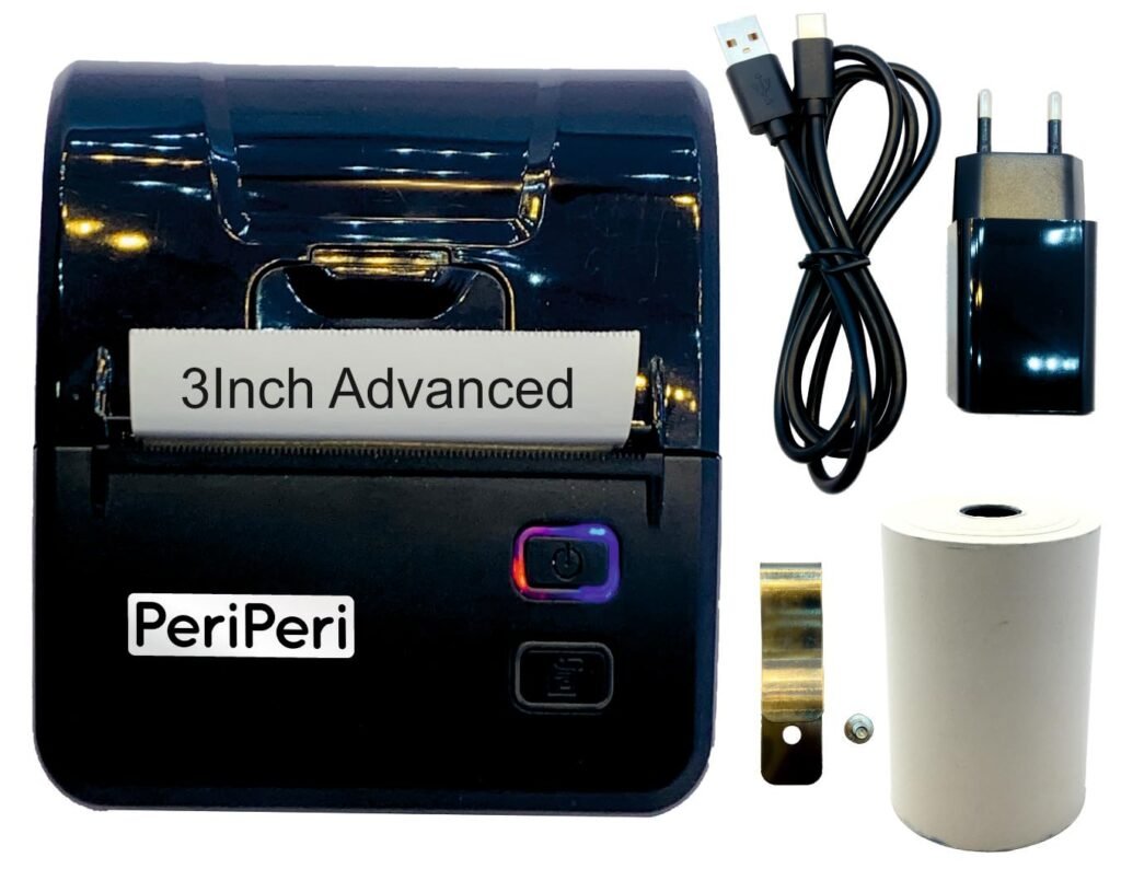 PeriPeri 3Inch Advanced Bluetooth Receipt Printer | Inbuilt 1800 Mah Battery | Inbuilt Beeper | 4 Indicator Lights | with Belt Hook | 1 Year Warranty | Compatible with iOS, Android, Windows & Mac