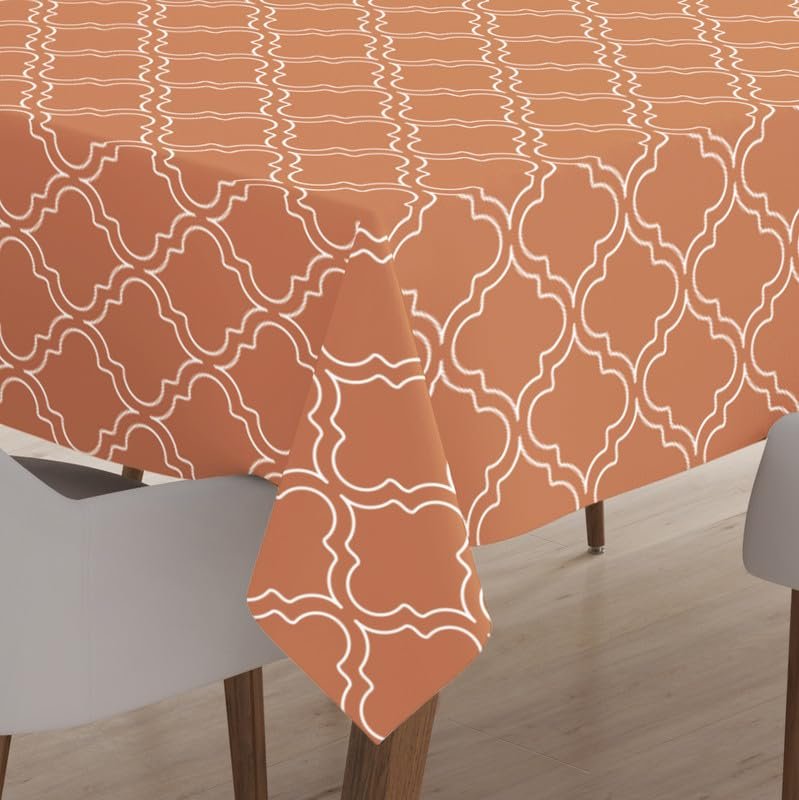 Encasa XO Printed Table Cloth 7.5 ft for 6 to 8 Seater Dining Table, 100% Silky Polyester, Machine Wash to Remove Food Stains, Non-Fading, Non-Shrinking, Cheap & Durable – Trellis Copper