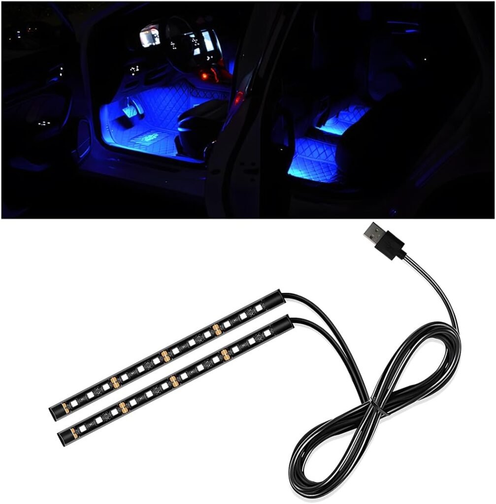 Car Interior LED Strip Light, 12V 24 LED Waterproof Neon Ambient Night Light with USB Port, Automotive Atmosphere Decorative Under Dash Lighting Kit, Car Accessories (Blue)