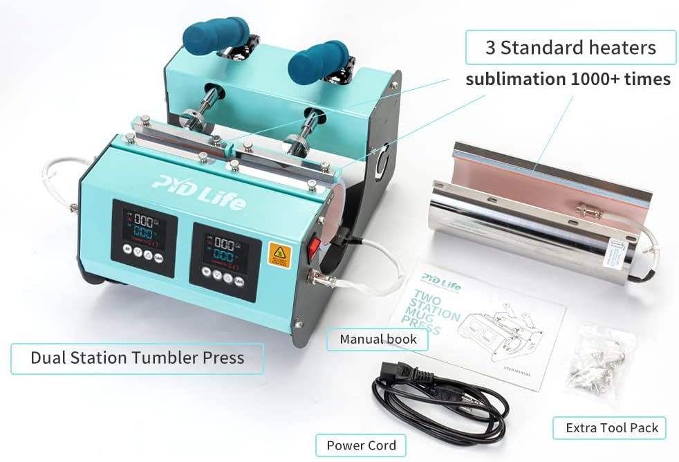 PYD Life 3 in 1 Dual Tumbler Heat Press Double Station Combo Mug Heat Press Machine 110 V Mint Green for 11 OZ 15 OZ Sublimation Mugs 12 OZ 16 OZ 20 OZ 30 OZ Sublimation Tumblers Cups Bottles Print