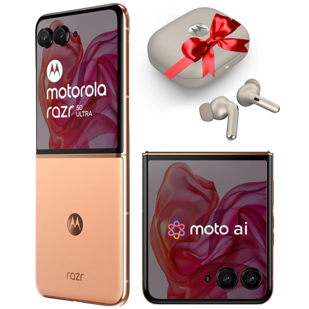 Motorola razr 50 Ultra (Peach Fuzz, 12GB RAM, 512GB Storage) | with Moto Buds+ | Moto ai | 4.0″ External AMOLED Display | Snapdragon 8s Gen 3 | 6.9″ AMOLED 165Hz Display | 32MP Selfie Camera