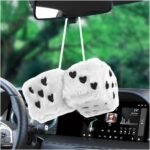 Fuzzy Dice for Rear View Mirror with Suction Cup,Cute Mirror Dice Decorates Car Accessories Interior,Stylish Car Hanging Ornament Car Dice Increasing Driving Pleasure (White)