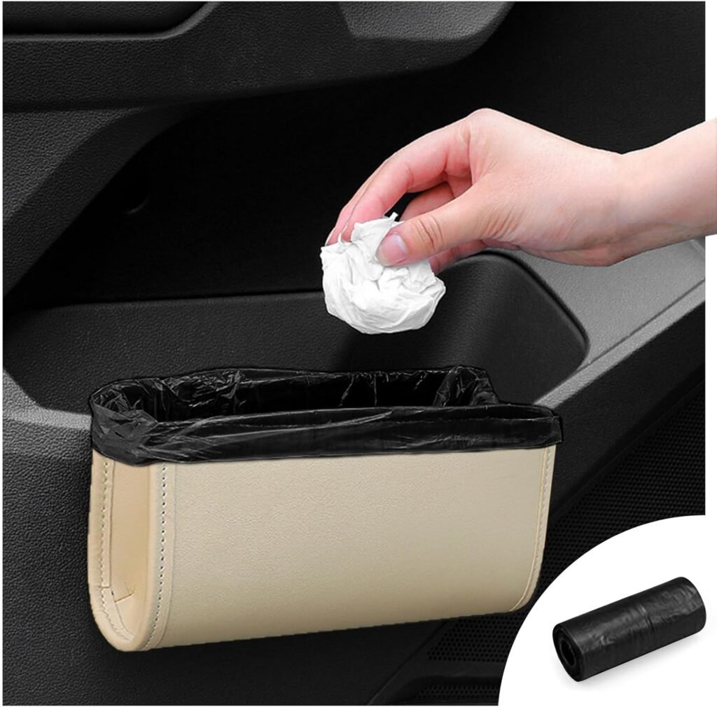 Car Trash Can, Beige Universal Leather Foldable Leakproof Garbage Bins Organizer Holder with One Roll Trash Bag, Car Seat Back Storage Box for Most Vehicles