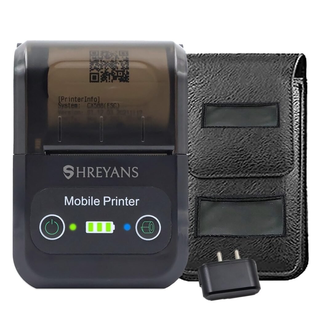 SHREYANS 58mm Mini Portable Inkless Thermal Printer with All accesories (Paper Roll, Pouch, Adapter, USB Cable) Easy to Connect with Mobile (with Adaptor)