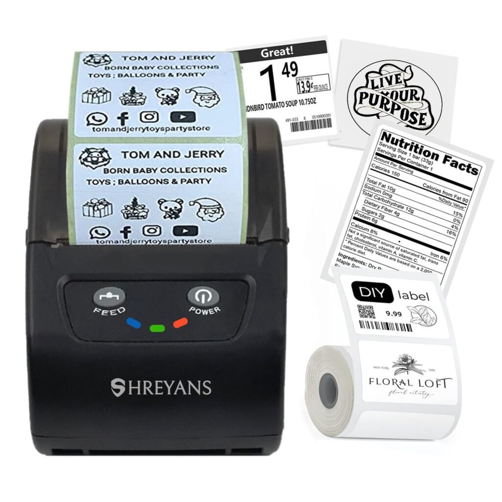 SHREYANS 58mm Label Printer (2 in 1) – Thermal Label & Receipt Printer (50×30 Label Combo) Free 250 Labels | Can be Used to Print Product Name Tags Barcode (Colour Black)