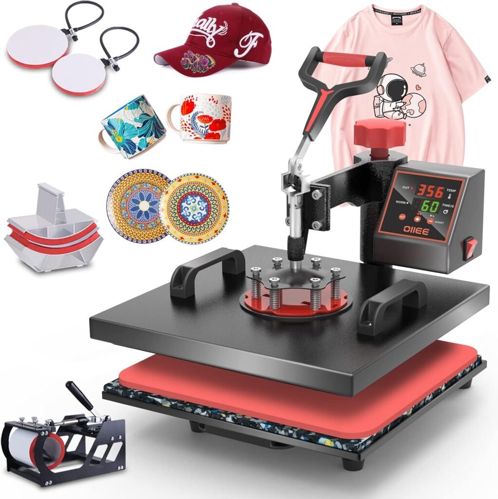 Heat Press Machine 5 in 1 Combo Heat Press 15 x 15 Inch Heat Transfer Machine 360-Degree Swing Away Digital Shirt Printing Multi-function Heat Transfer Sublimation for T Shirts Mug Hat Plate Cap