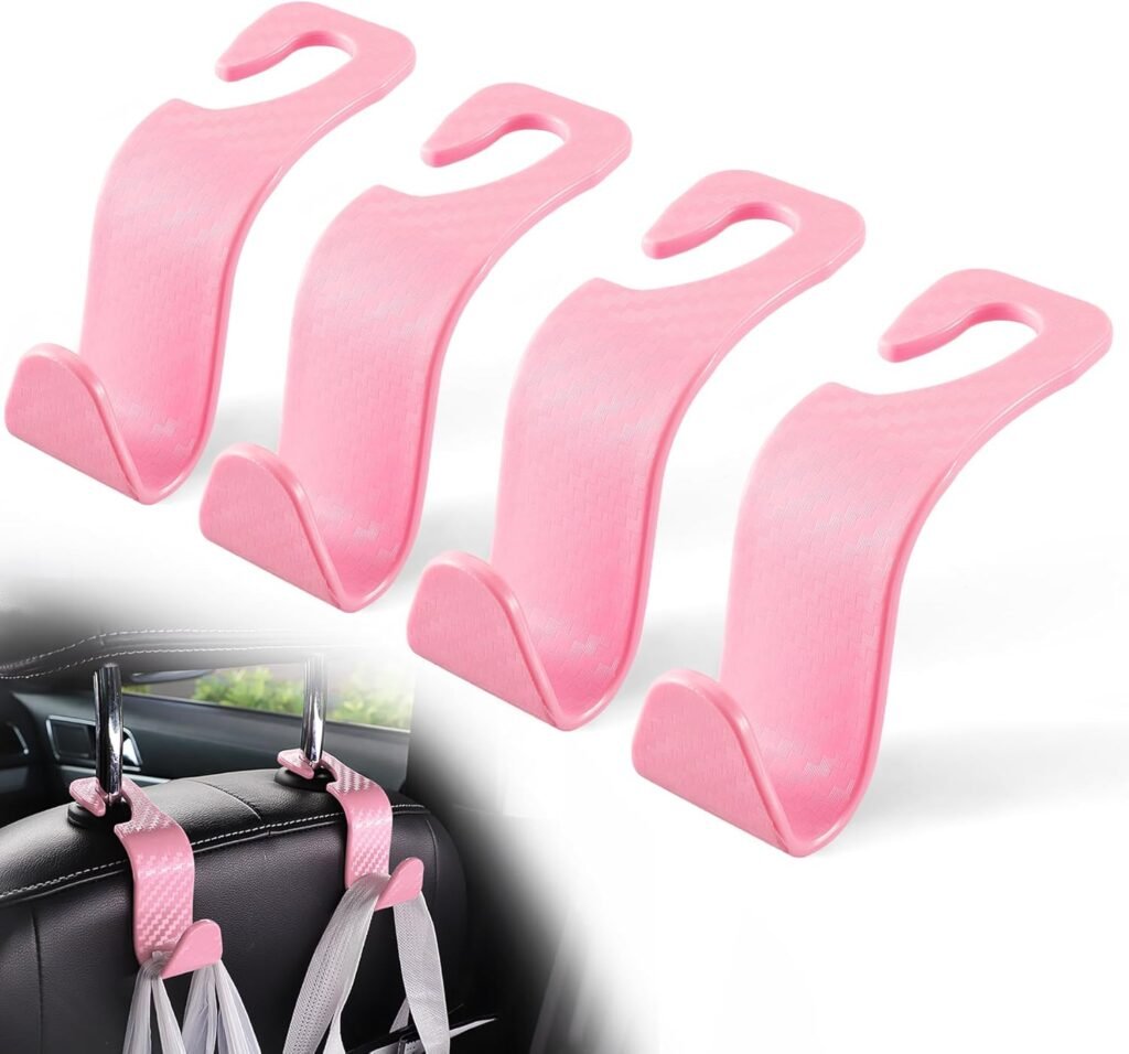 LivTee Car Purse Hook, Headrest Hook for Car, 4 Pack Universal Auto Car Seat Headrest Hook Hangers Organizer for Purse Coat Umbrellas Grocery Bags Handbag, Car Accessories – Carbon Fiber Pink