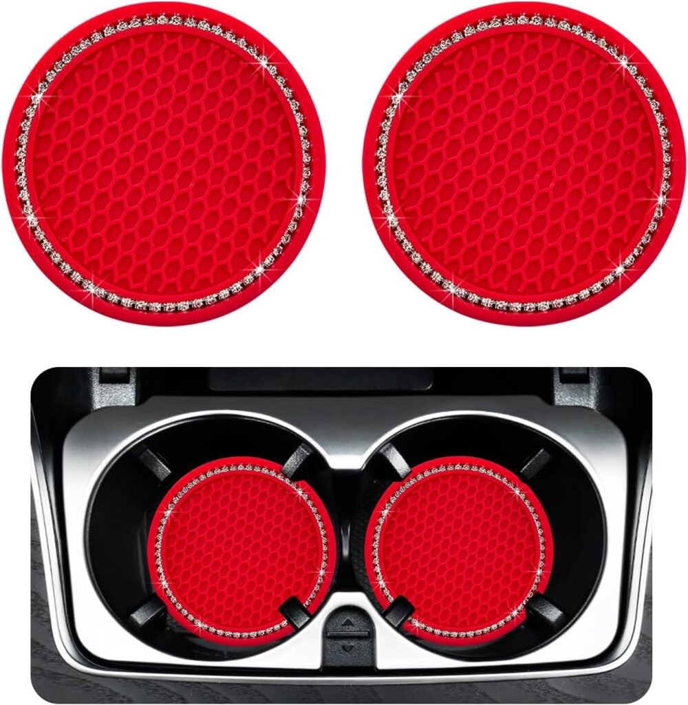 Ziciner 4 Pack Bling Car Cup Coaster, Crystal Soft Rubber Cup Holder Insert Coaster, Anti-Slip Rhinestone Drink Cup Mat, Universal Interior Accessories for Car SUV Truck (Red&White 2pcs)