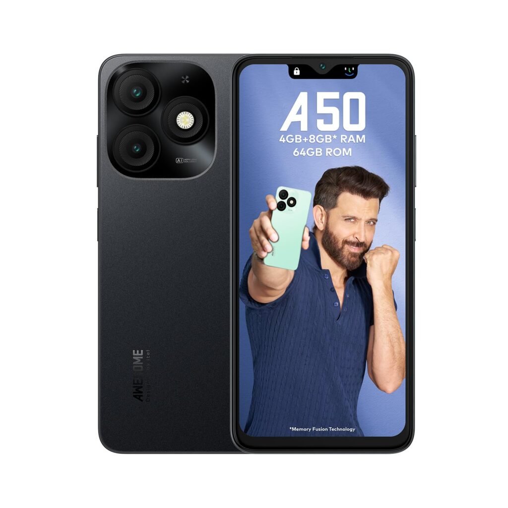 itel A50|6.6″ HD+ Display with Dynamic Bar| 4GB RAM +64GB ROM, Upto 12GB RAM with Memory Fusion|Octacore Processor|8MP AI Dual Rear Cam|5000 mAh Battery | Misty Black