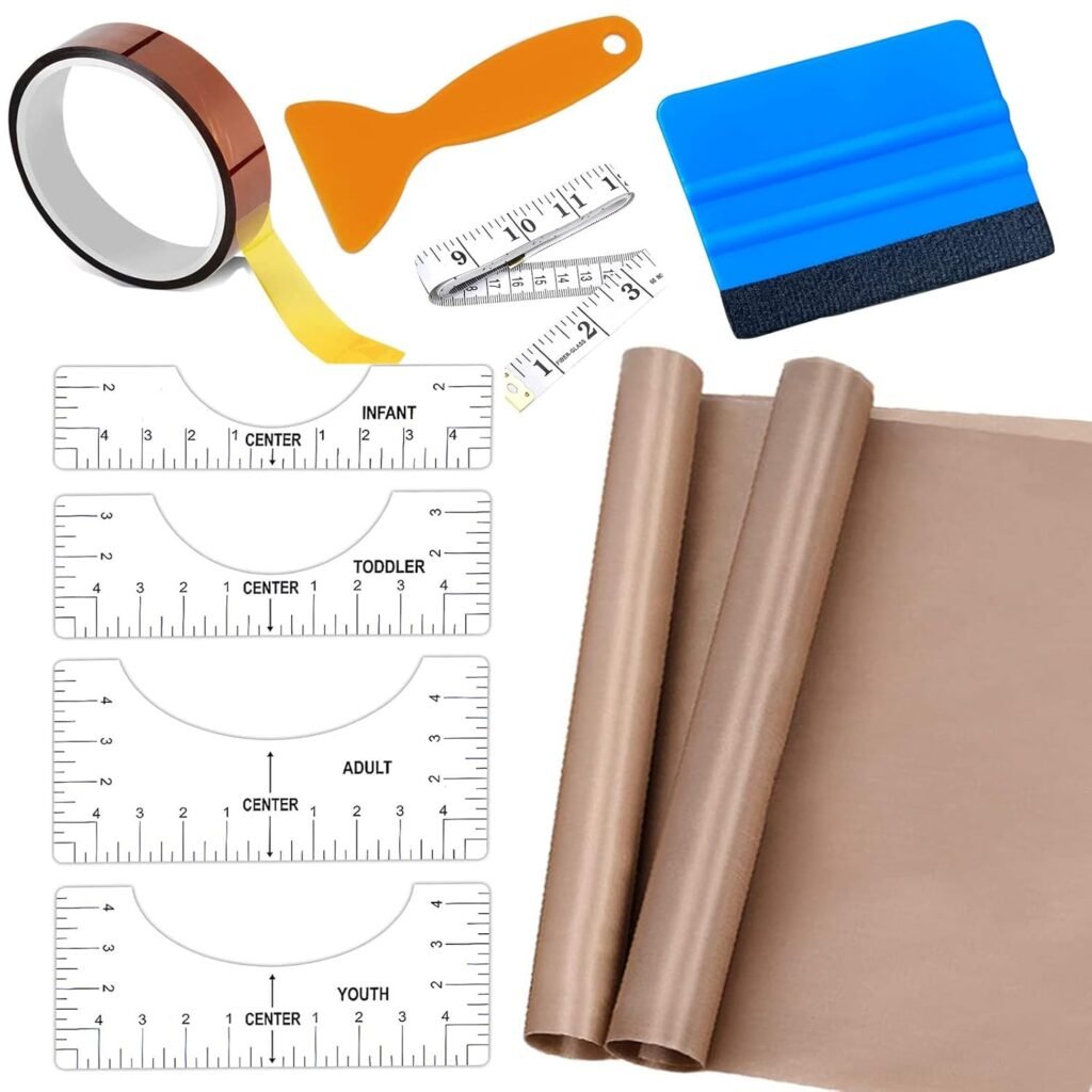 Teflon Sheet for Heat Press T Shirt Teflon Paper Heat Tape for Sublimation Heat Resistant Transfer Tape 1 Set T Shirt Alignment Ruler Guide to Center Designs with Weeding Tool for Vinyl Craft Sewing