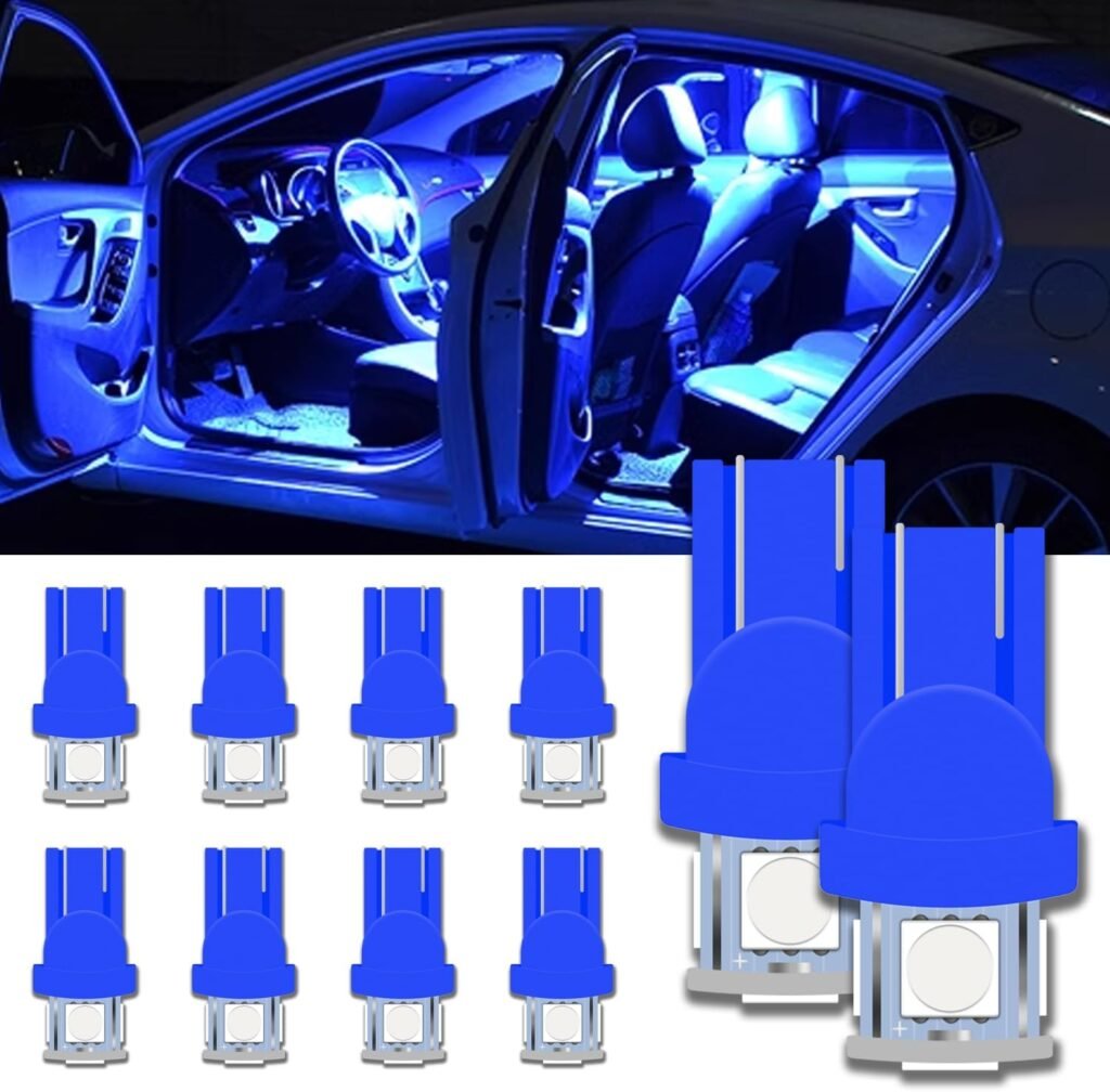 168 T10 2825 5SMD LED Bulb, 10PCS DC 12V T10 Wedge 194 6000K LED Light Bulb License Plate Bulb 158 501 W5W Interior Car Lights Dome Map Door Trunk Courtesy License Plate Lights(Blue)