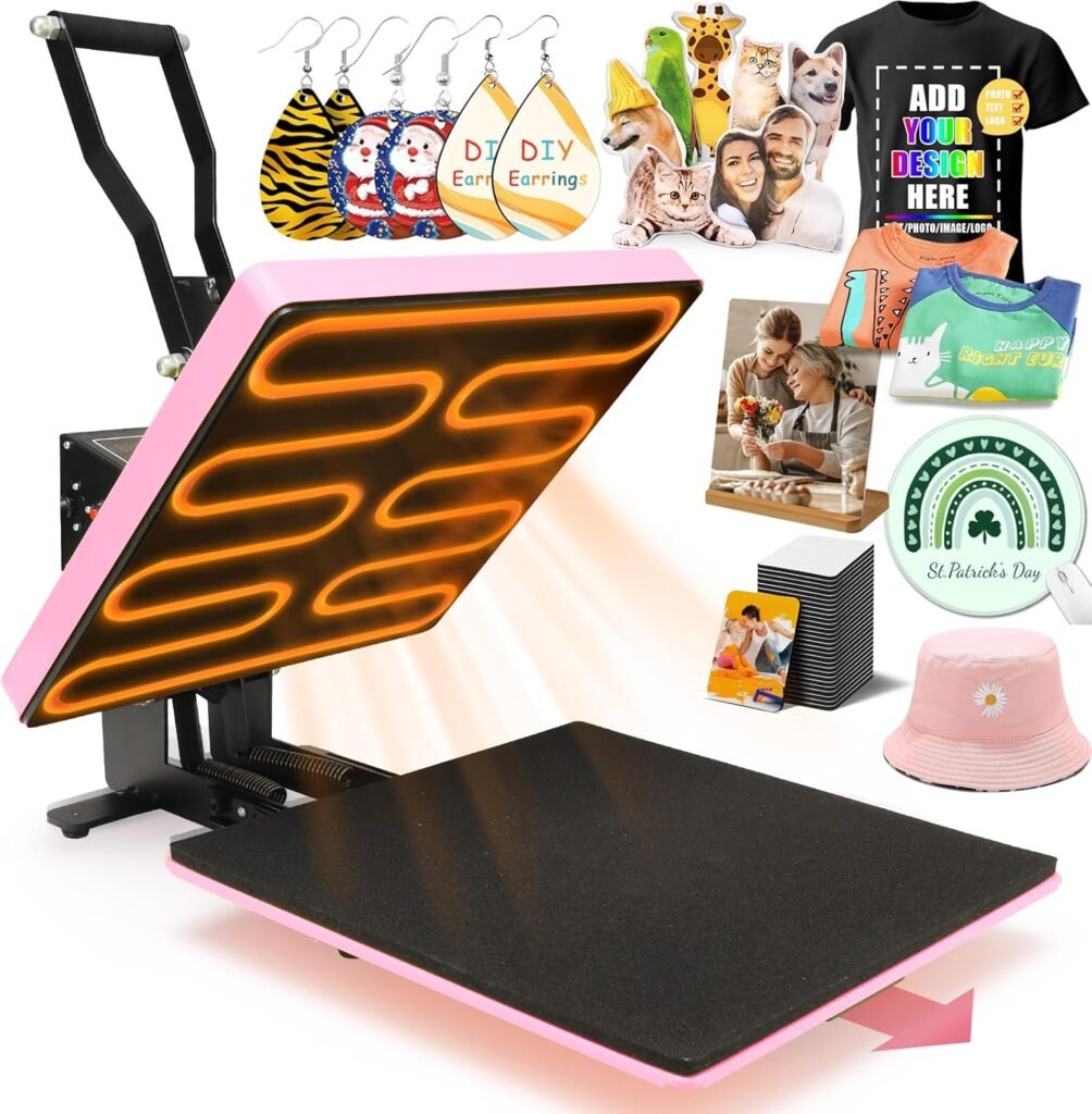 Heat Press Machine for T-Shirts 15×15 Slide Out Drawer with Counting Function & 3 Pre-Set Modes, Pressure Knob, Digital Industrial Clamshell Sublimation Printer Heat Transfer Vinyl DIY Pink