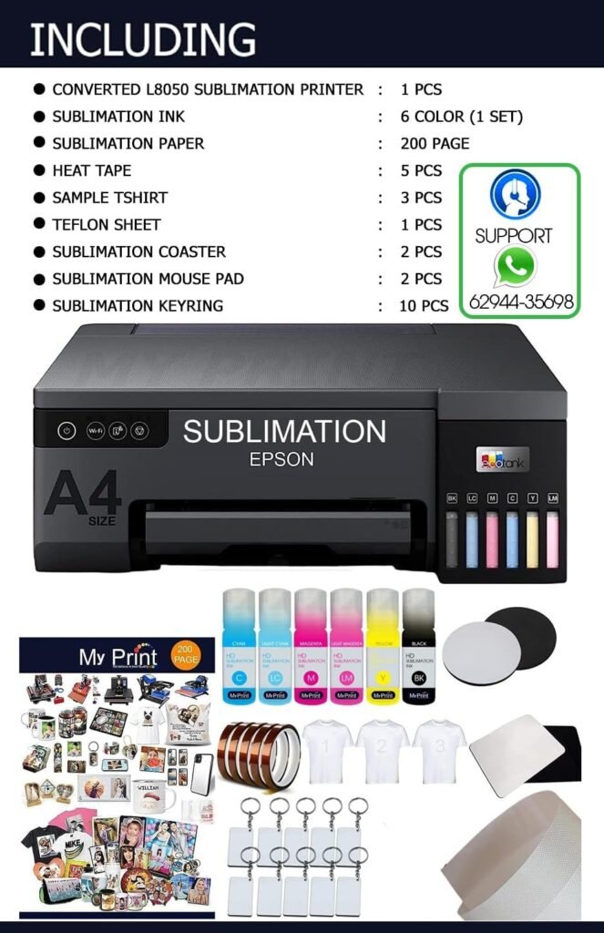 MY PRINT | Sublimation wired Printer Machine For Home Inkjet Printers| Printer L8050 With 6 Color Sublimation Ink, Including 200 Sublimation Paper | Heat Tape 5 Pcs | 3 Pcs T-Shirt, Black