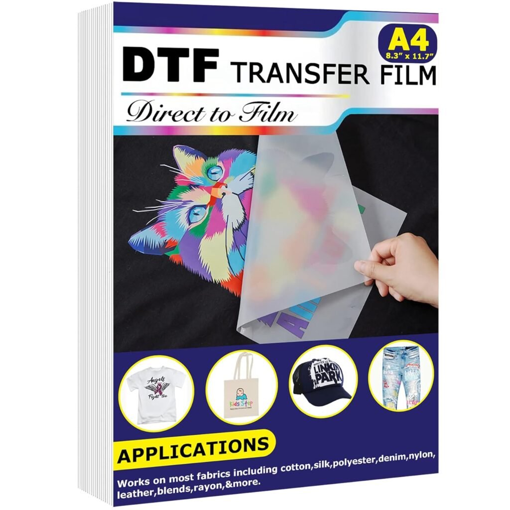 DTF Transfer Film A4(8.5″ x 11″) 50 Sheets PET Direct to Film Transfer Paper for T Shirts Matte Finish DTF Heat Transfer for Dark Fabric