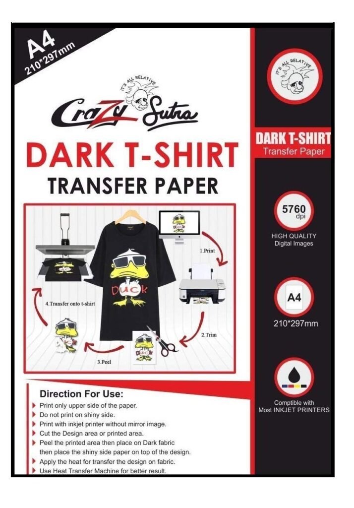 Crazy Sutra A4 Size Inkjet Print Iron-On T-Shirt Transfer Paper for Dark Fabric (5 Sheets, White) Allows You to Easily Customize Plain t-Shirts with Your own Designs or Favorite Graphics.