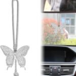 Butterfly Car Hanging Ornament, Crystal Butterfly Car Rear View Mirror Charms Good Luck Amulet Ornament Car Decoration Valentine’s Day Gifts Lucky Hanging Interior Ornament Pendant (White)