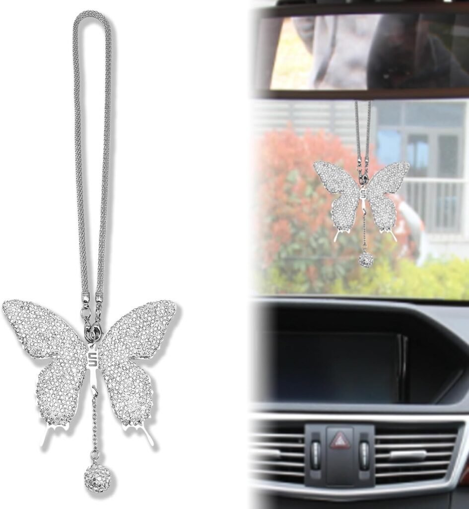 Butterfly Car Hanging Ornament, Crystal Butterfly Car Rear View Mirror Charms Good Luck Amulet Ornament Car Decoration Valentine’s Day Gifts Lucky Hanging Interior Ornament Pendant (White)