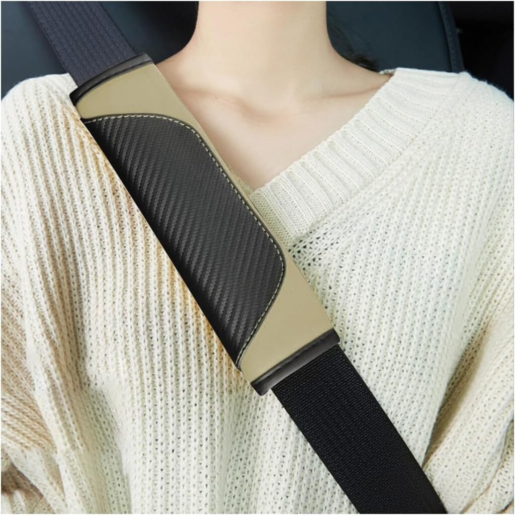 Ziciner 2 PCS Car Seat Belt Cover, Soft Leather Safety Belt Shoulder Strap Pads, Breathable Carbon Fiber Harness Pad Help Protect Your Neck & Shoulders Universal for Car, SUV (Black&Beige)