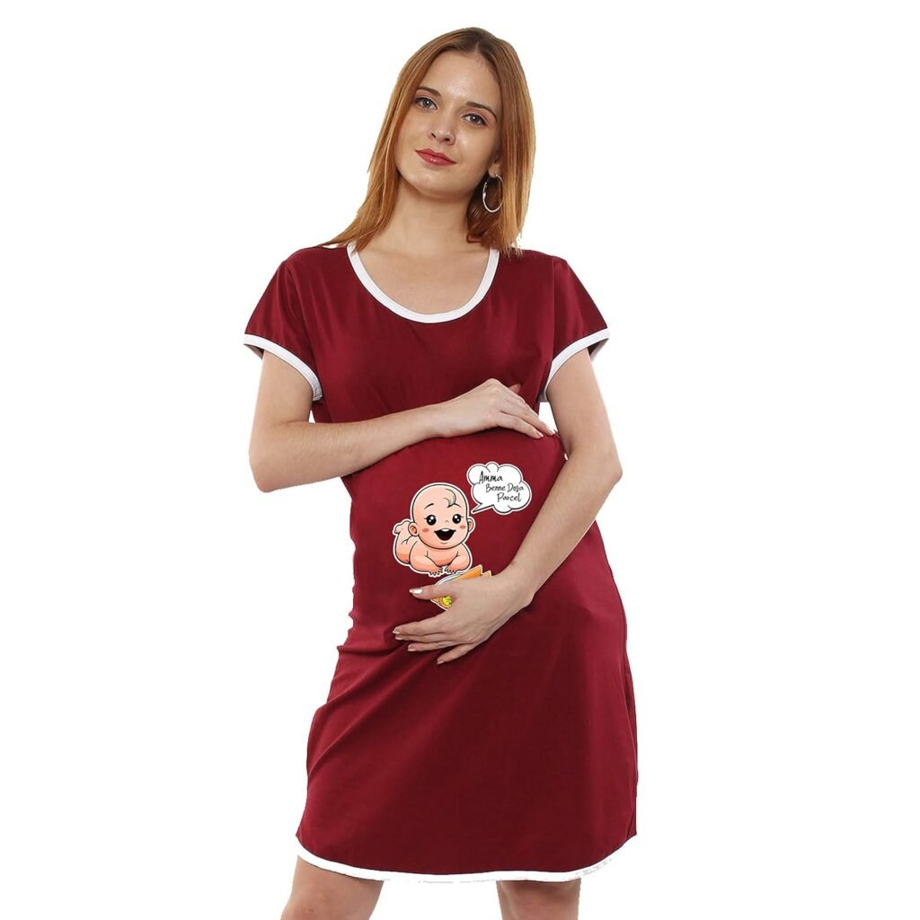 Sillyboom Amma Benne Dosa Parce Graphic Print Maternity Tunic Top for Pregnant Women,T Shirt Women’s Night Dress for Pre and Post Pregnancy