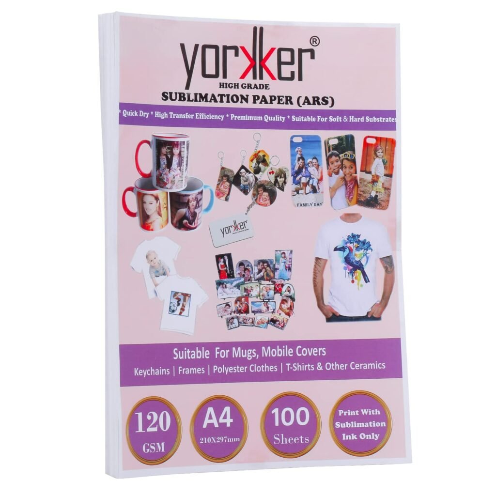 Yorkker Sublimation Paper (ARS) High Grade Quick Dry For Soft & Hard Substrates for Mug Printing, Mobile cases & Covers, Keychain & Other Ceramics 120Gsm A4 X 100 sheets Use Sublimation Ink Only