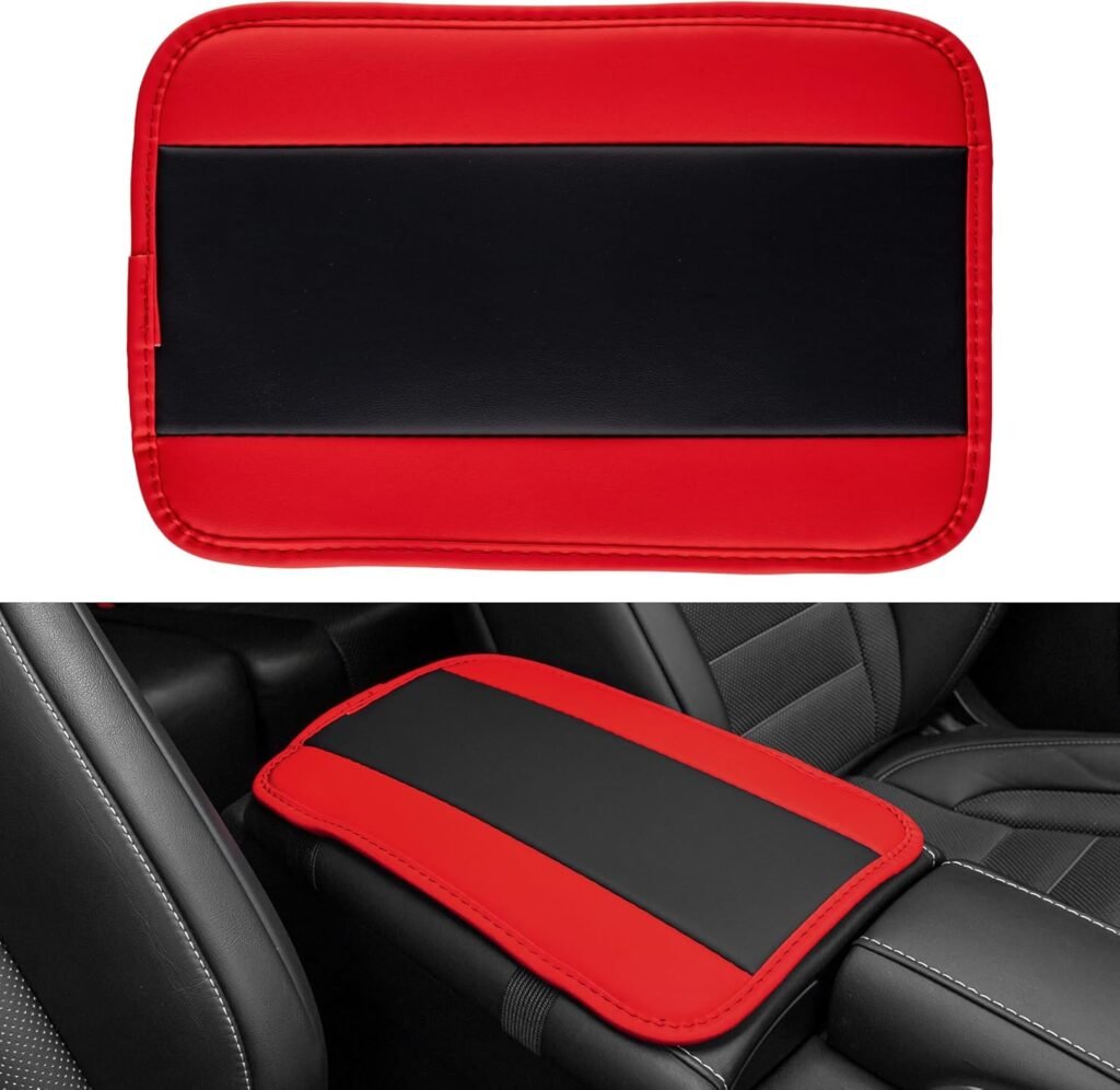 Amiss Car Armrest Storage Box Mat, Universal Waterproof PU Leather Auto Armrest Cover, Car Center Console Cover Accessories Interior Protection for Most Vehicle, SUV, Truck, Car (Black-Red)