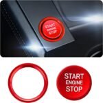 Car Push Start Button Cover – Aluminum Engine Start Stop Button Decoration with Ring, Automotive Ignition Button Cover Accessories, Compatible with Audi and Most Vehicles (Red)