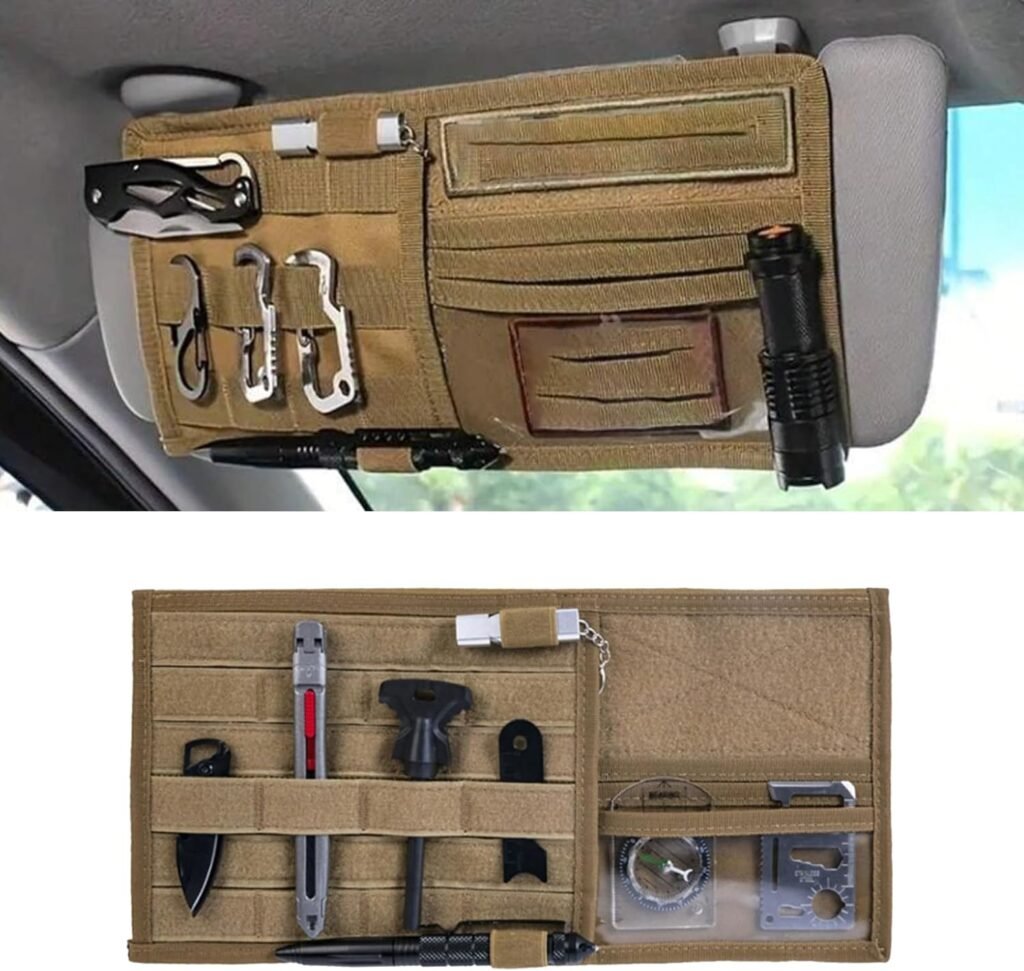 Car Sun Visor Organizer, Nylon Tactical Molle Visor Organizer Panel Storage Pouch Holder, Visor Organizer for Trucks, Universal Car Interior Accessories(Khaki)