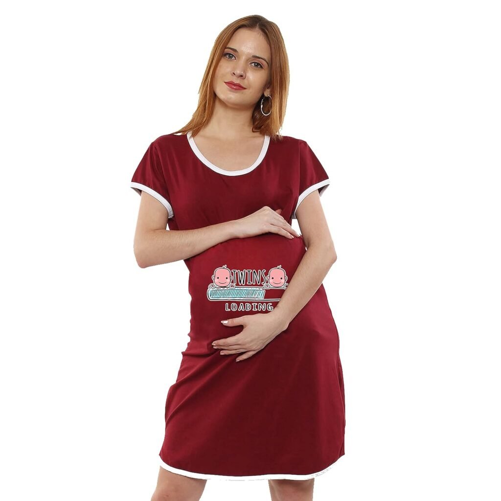 Sillyboom Twins Loading Graphic Print Maternity Tunic Top for Pregnant Women T-Shirt Women’s Night Dress Nursing Top Tee Round Neck Half Sleeves for Pre and Post Pregnancy