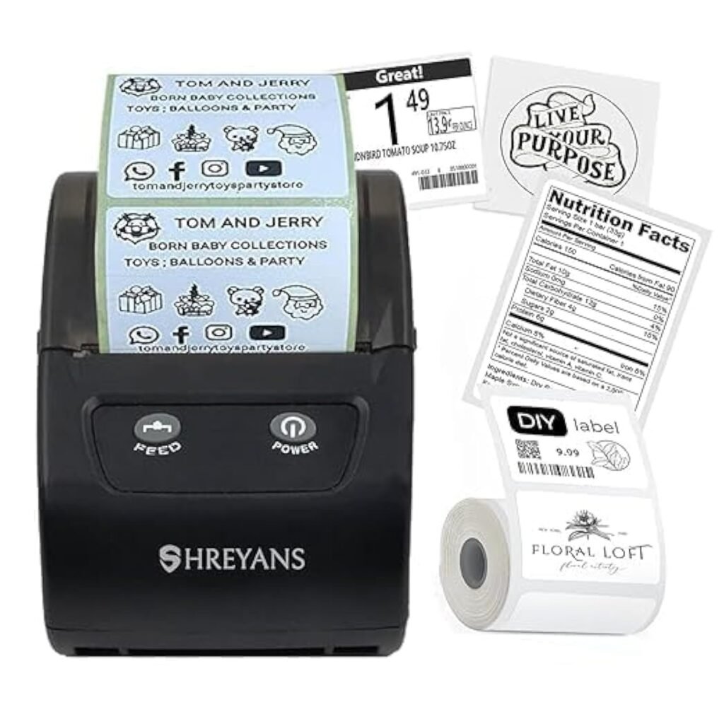 SHREYANS 58mm Mini Inkless Label Maker (2 in 1) – Thermal Barcode Labels & Receipt Printer (50×25 Label Combo) Free 500 Labels | Easy to Connect with Any Mobile Phone via Bluetooth (Android or iOS)