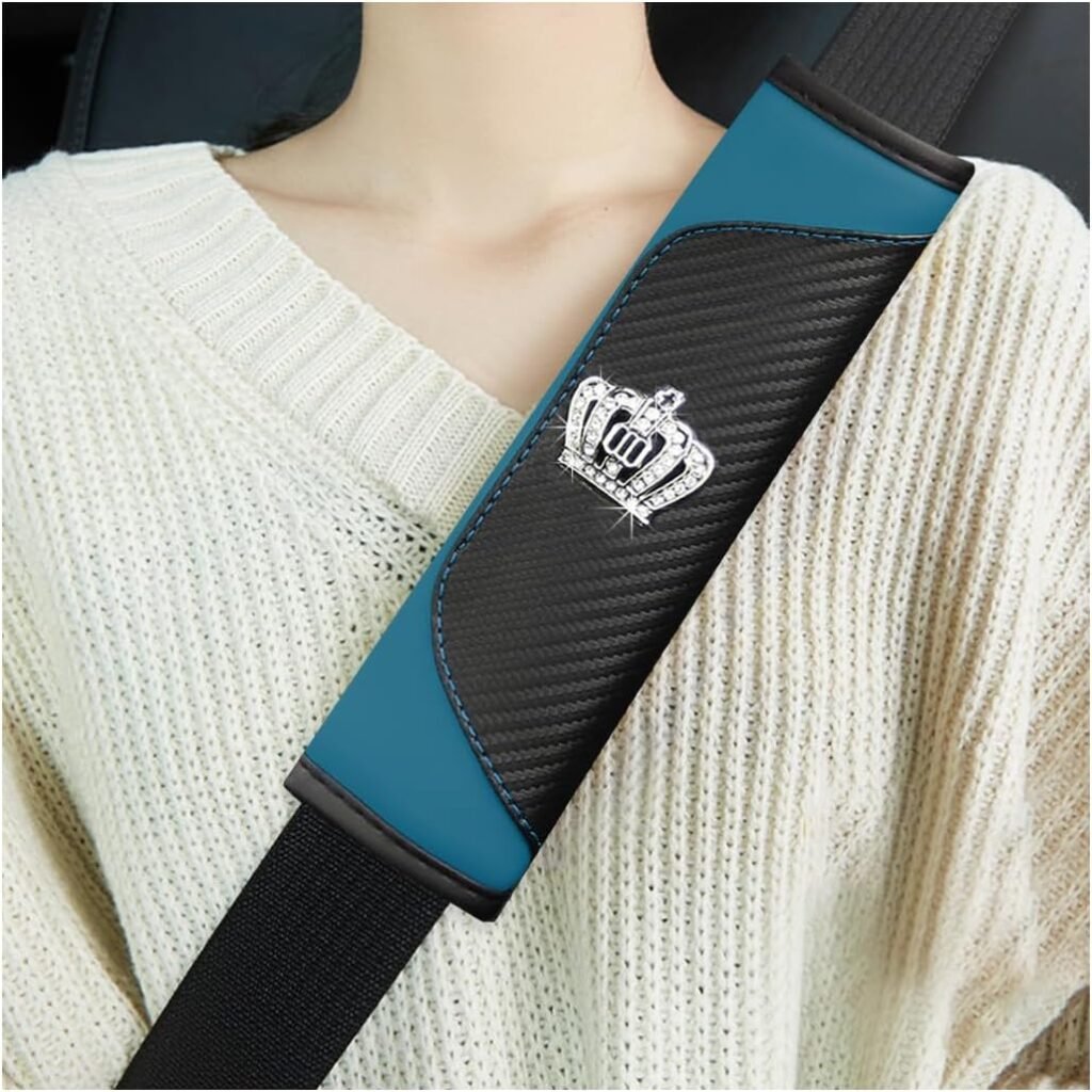 Ziciner 2 PCS Car Seat Belt Cover, Soft Leather Safety Belt Shoulder Strap Covers with Bling Rhinestone Crown, Breathable Harness Pad Protect Your Neck & Shoulder, Car Accessories (Black&Dark Green)