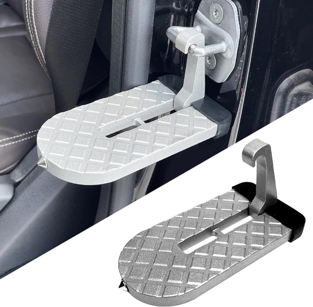 Car Step Hook for Roof, Car Door Step for Car Roof Access, 2 in 1 Foldable Car Door Step and Glass Breaker Safety Lifesaving Hammer, Car Roof Rack Step for Most Cars, SUV, Truck (Silver)