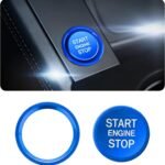 Car Push Start Button Cover – Aluminum Engine Start Stop Button Decoration with Ring, Automotive Ignition Button Cover Accessories, Compatible with Audi and Most Vehicles (Blue)