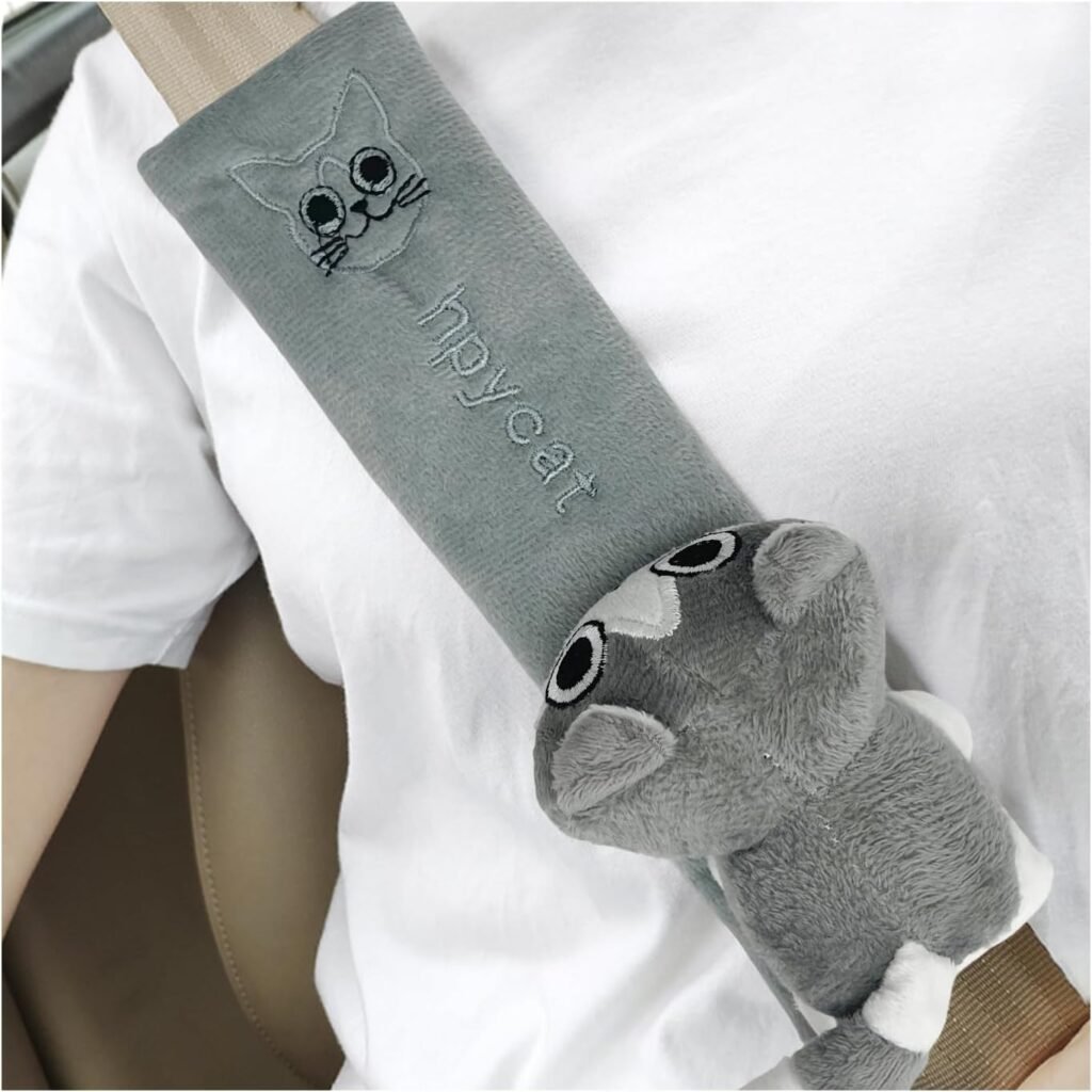 2 PCS Cute Car Seat Belt Pads, Soft Comfortable Cartoon Seat Belt Strap Cover Cushion Pad, Universal Shoulder Strap Pad for Seatbelt and Bag Backpack Strap, Car Accessories (Gray Cat)