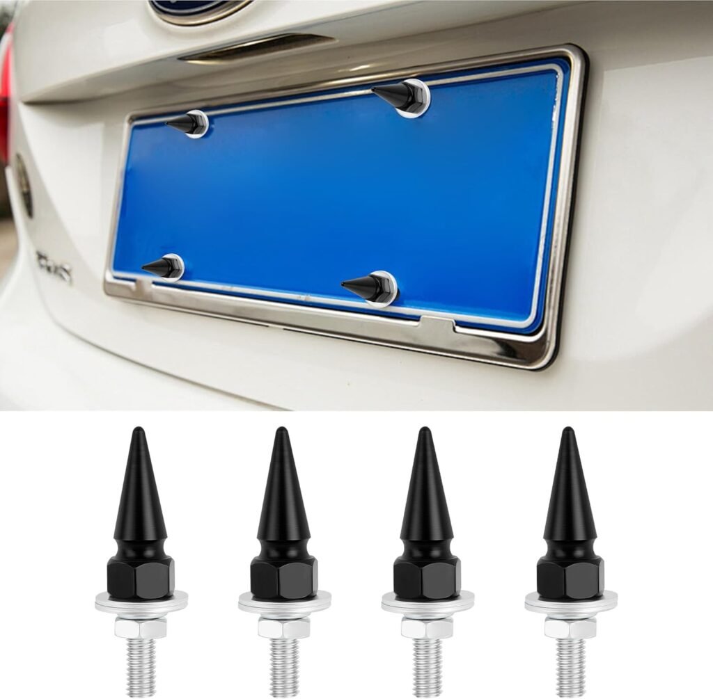 4PCS Spikes License Plate Screws for Car,Personalized License Plate Bolts and Nuts as Car Decor,Universal Licence Plate Screw Set Car Accessories Fit for Cars Motorcycles SUVs (Black)