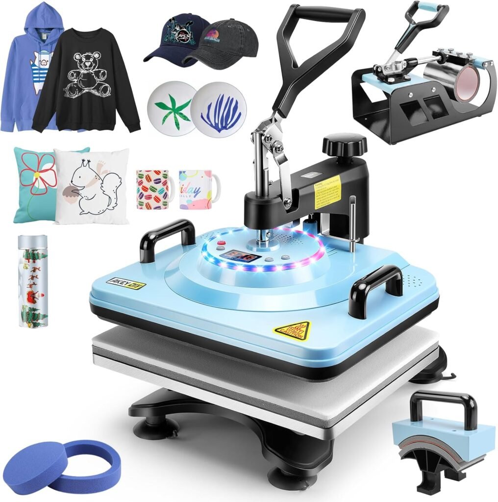 AKEYDIY Upgraded 5 in 1 Heat Press Machine for Tshirts 12X15 Inch, 360° Swing Away Shirt Press Machine for Sublimation, Multifunctional Heat Transfer Machine Combo for Shirts Hat Cap Mug Plate