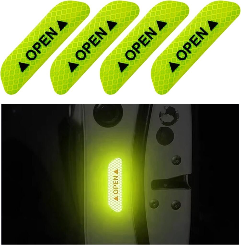 Ziciner 4 Pcs Car Door Open Reflective Stickers, Night Visibility Safety Warning Auto Anti-Collision Protective Strip, Universal Vehicle Decorative Decals Accessories for Most Cars (Green)