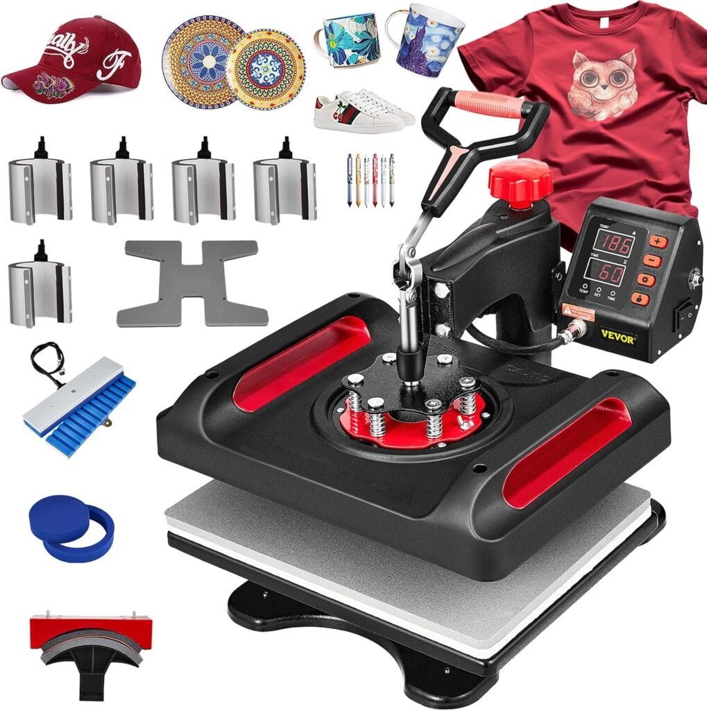 VEVOR 11 in 1 Heat Press Machine Combo 15×12 Inch Tshirt Press Machine 360° Swing Away Digital Shirt Printing Multifunction Heat Transfer Clamshell Sublimation for T-Shirt Hat Cap Mug Plate Pen Shoes