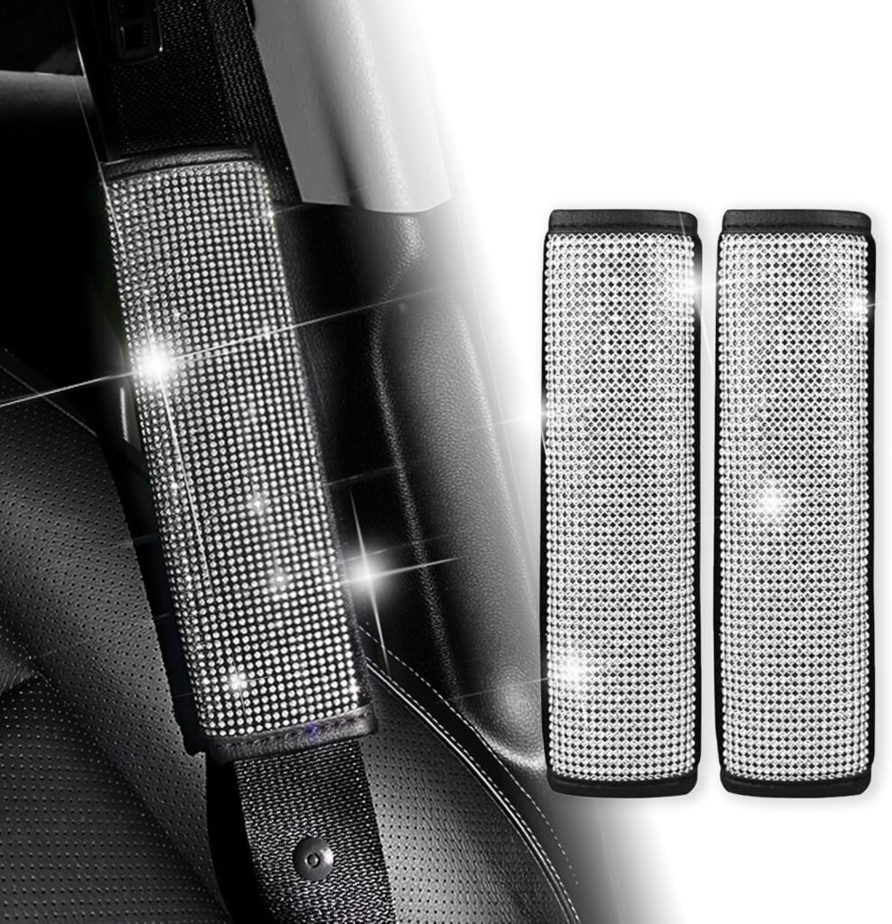 SOMUCH 2PCS Bling Car Seat Belt Covers, Rhinestone Car Seatbelt Shoulder Pads for Women, Universal Car Interior Accessories – Relieves Shoulder and Neck Pressure, Enhances Comfort and Style (White)