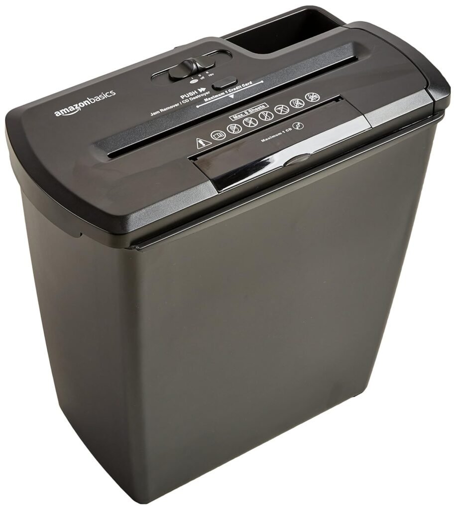 AmazonBasics 8-Sheet Strip Cut Paper With CD and Credit Card Shredder With 12 Liter Waste Basket Capacity