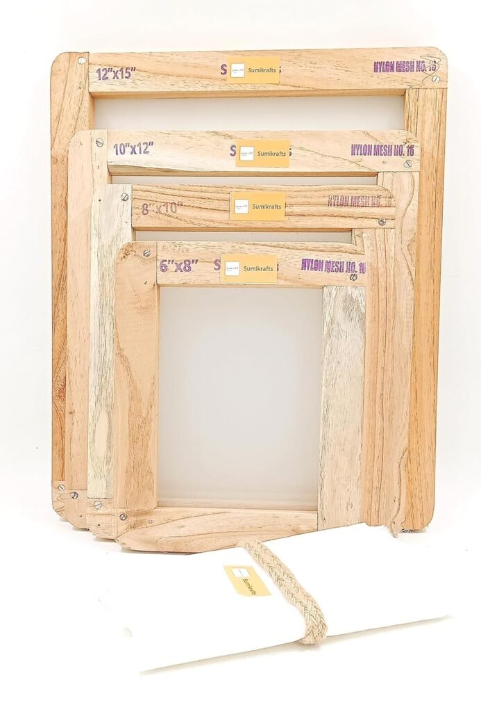 sumikrafts Screen Printing kit-Wooden Frame-4 Assorted Sizes (6″x8″+8”x10”+10”x12”+12”x15”) inches-Nylon mesh 16(1120 Micron)-1 metre